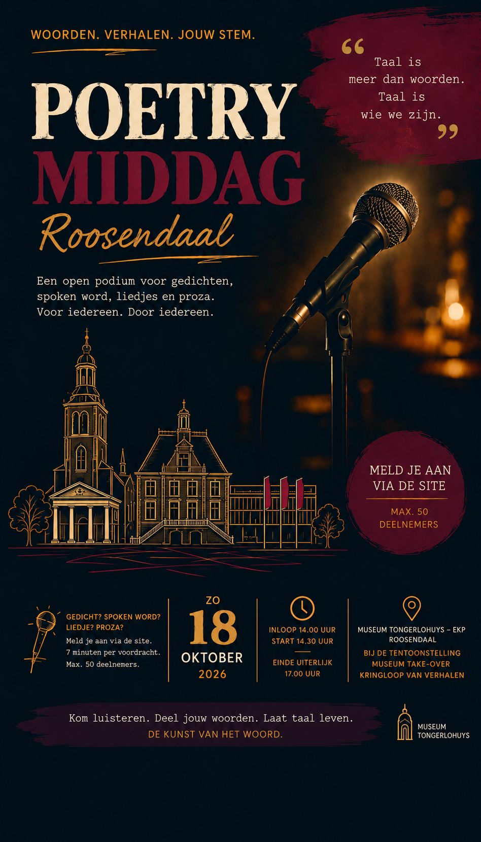 Affiche van Poetry Middag Roosendaal met microfoon en Roosendaals stadsaanzicht